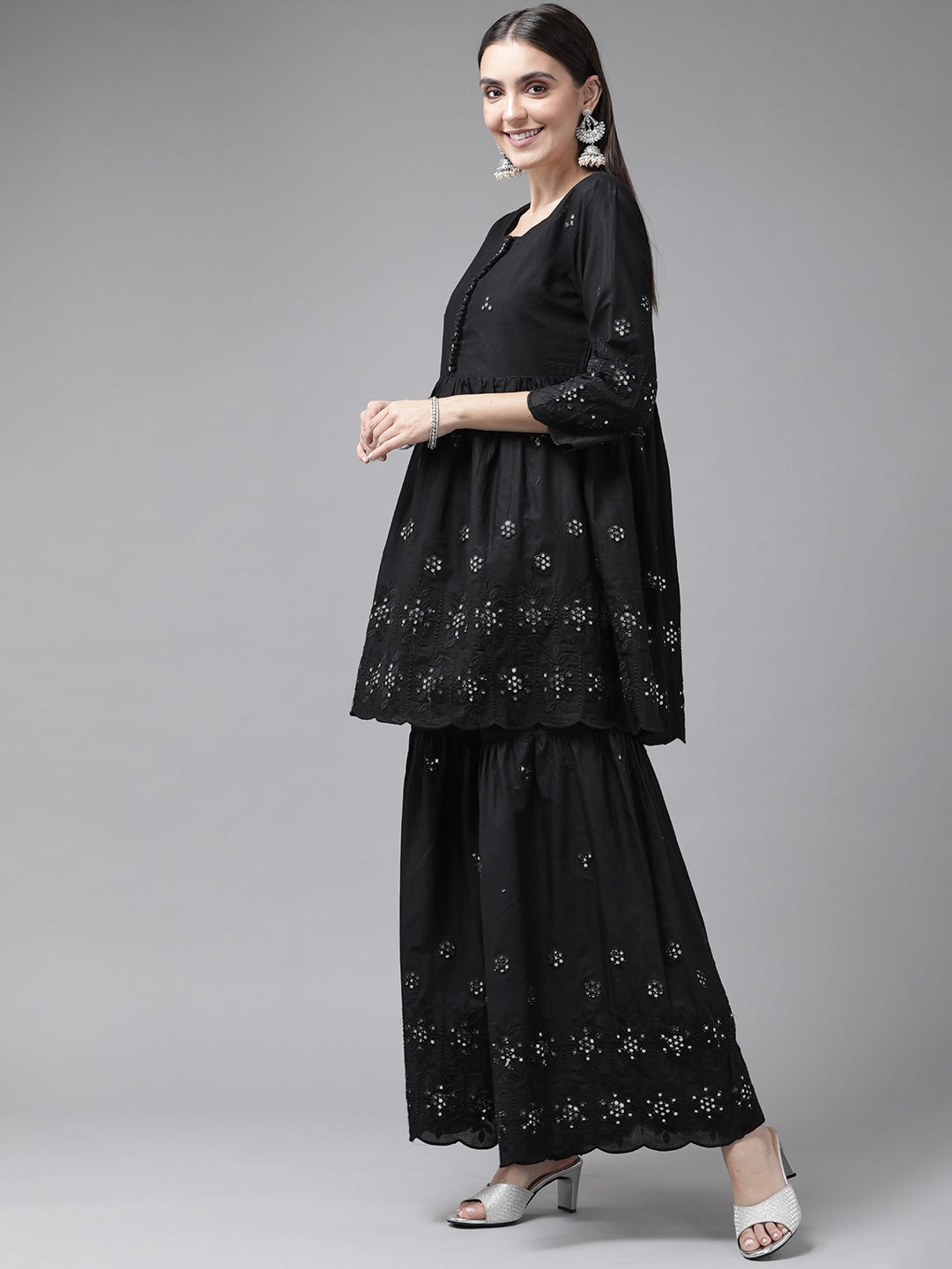 Black Mirror Work Dupatta Set-Yufta Store-2356SKDBKS