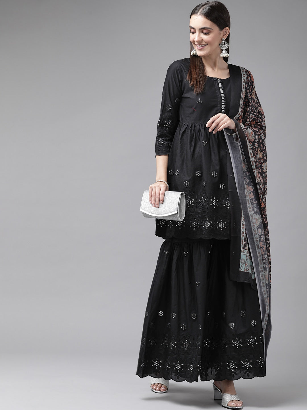 Black Mirror Work Dupatta Set-Yufta Store-2356SKDBKS