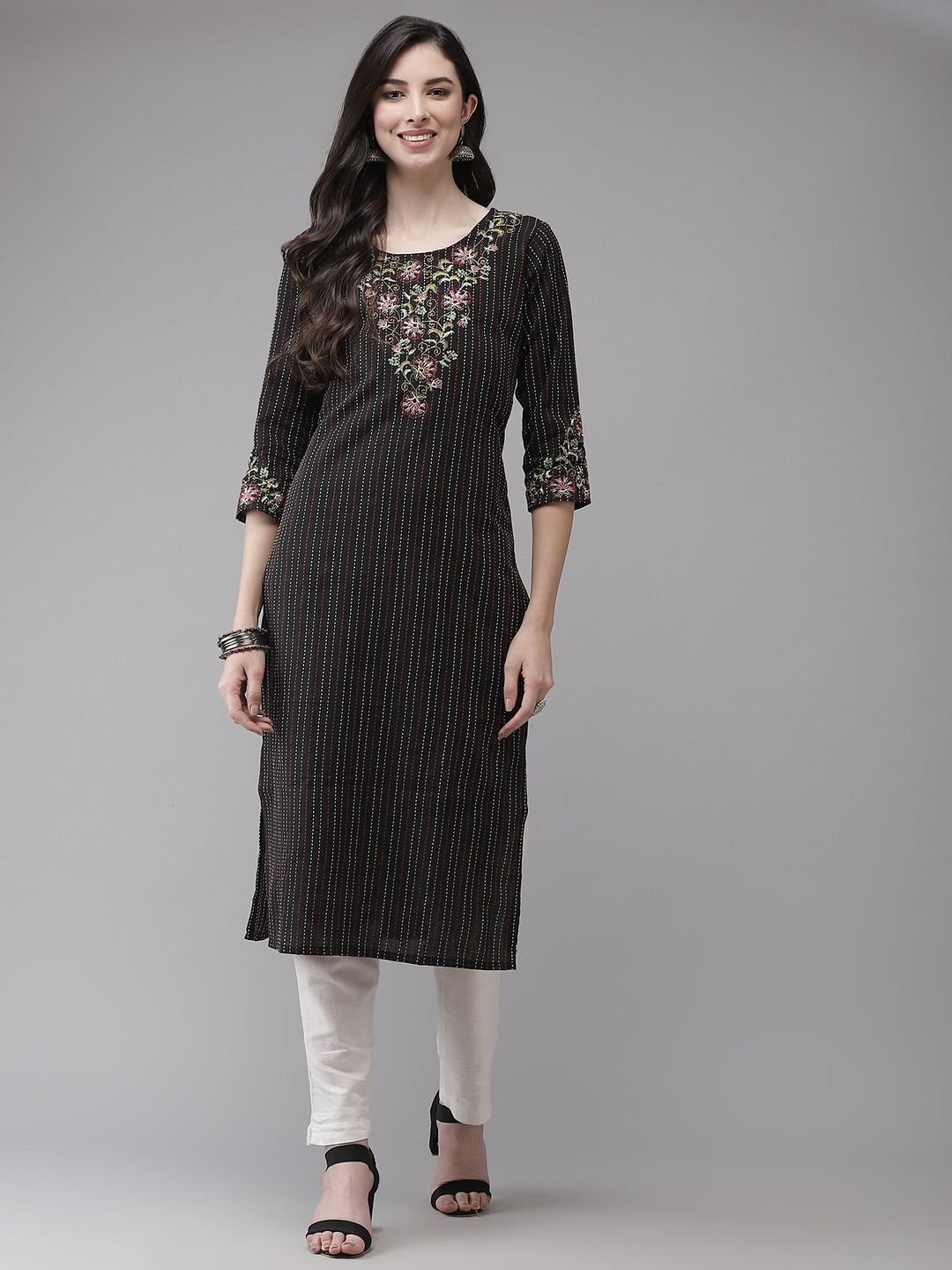 Black & Multicoloured Yoke Design Kurta-Yufta Store-7796KURBKS