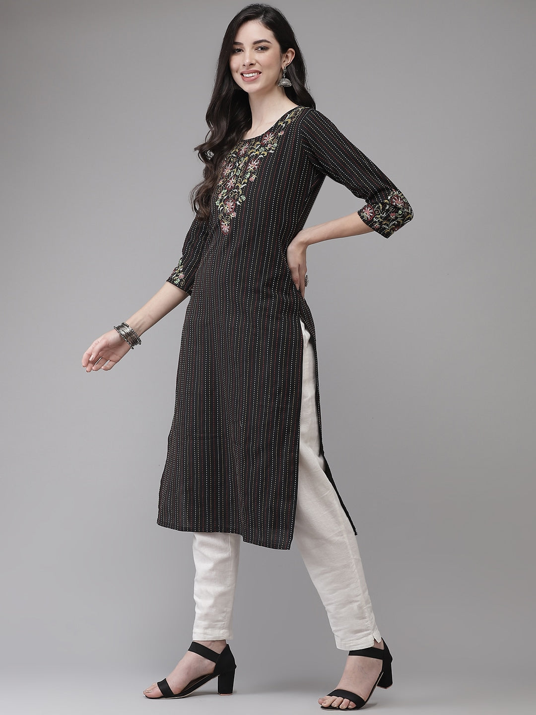 Black & Multicoloured Yoke Design Kurta-Yufta Store-7796KURBKS