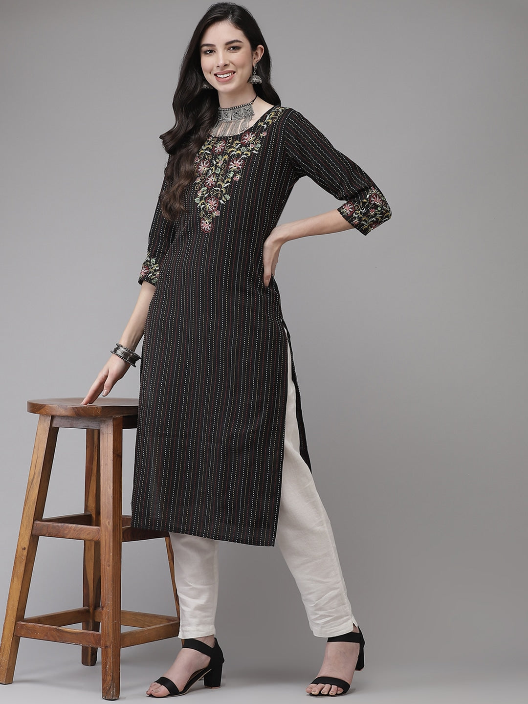 Black & Multicoloured Yoke Design Kurta-Yufta Store-7796KURBKS