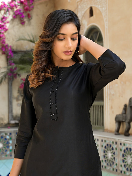 Black Patch_Work Kurta Trouser Set-Yufta Store-1647SETBKM