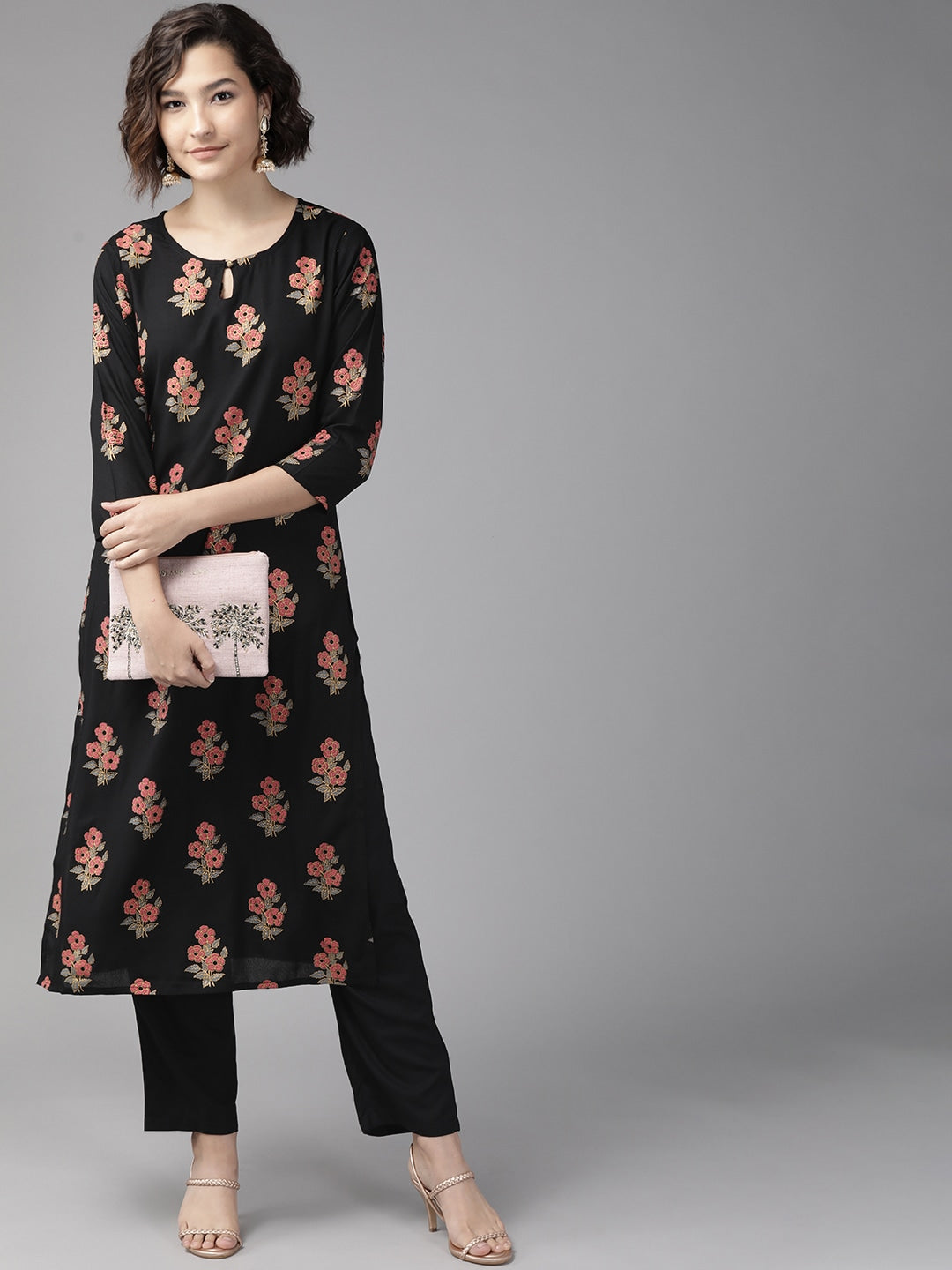 Black & Pink Printed Kurta Set-Yufta Store-7706SETBKS