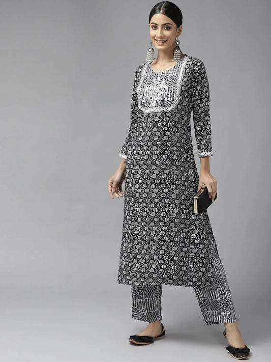 Black Printed Kurta Set-Yufta Store-9742SETBKS