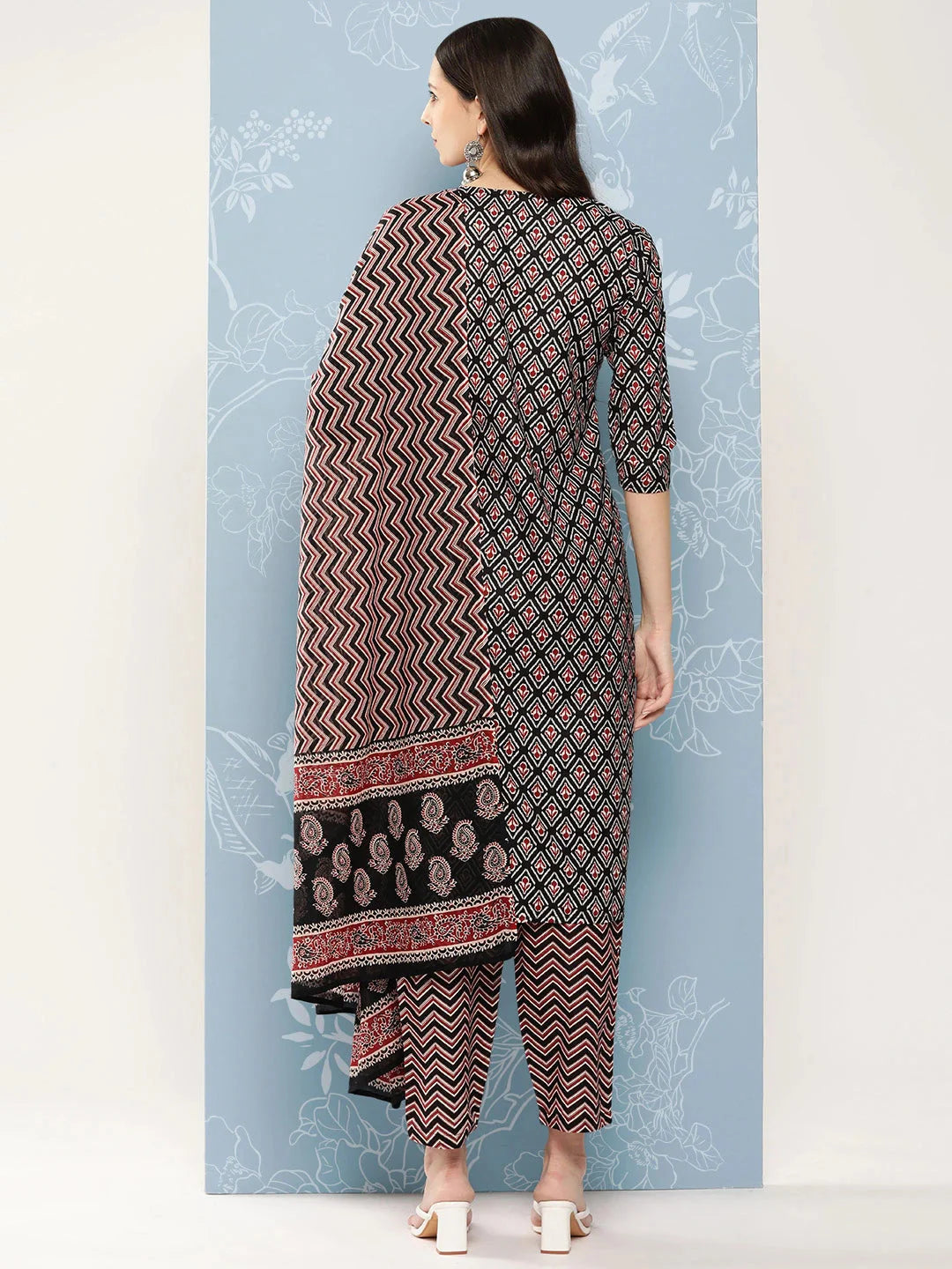 Black Printed Pure Cotton Kurta with Trousers & Dupatta-Yufta Store-1399SKDBKS