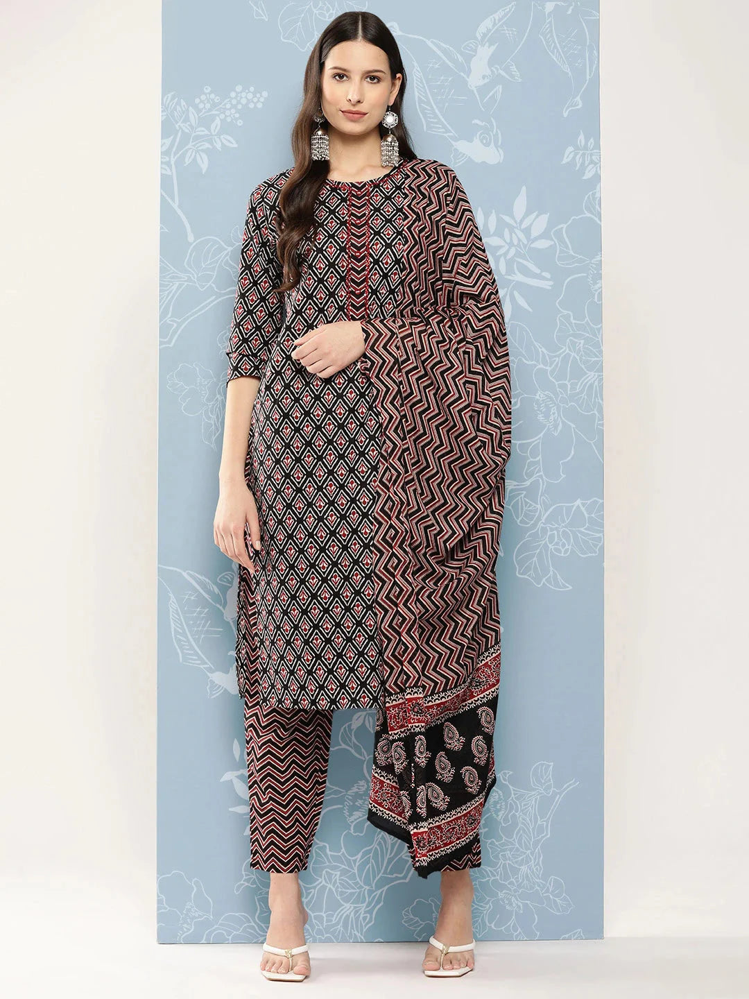 Black Printed Pure Cotton Kurta with Trousers & Dupatta-Yufta Store-1399SKDBKS