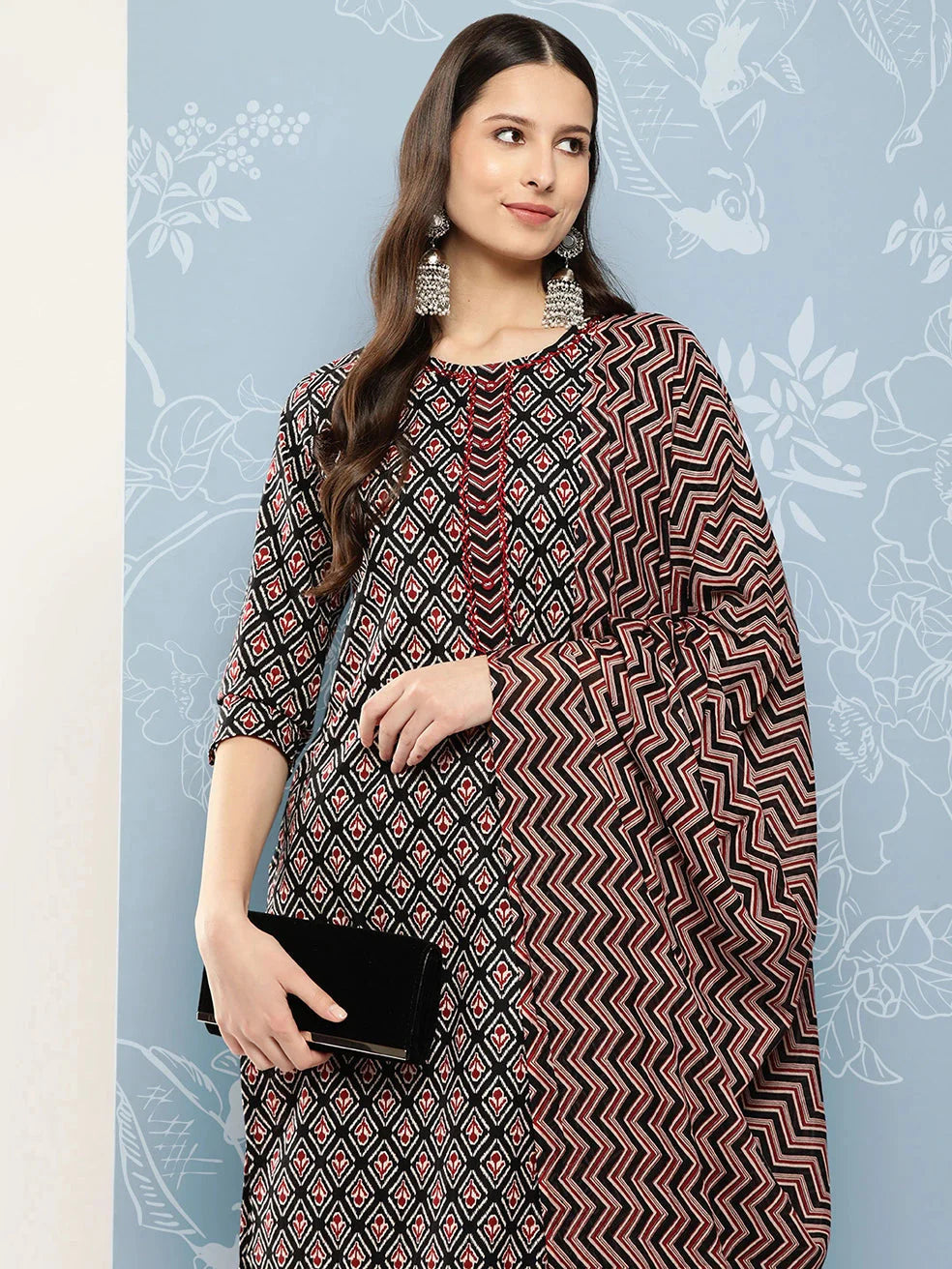 Black Printed Pure Cotton Kurta with Trousers & Dupatta-Yufta Store-1399SKDBKS