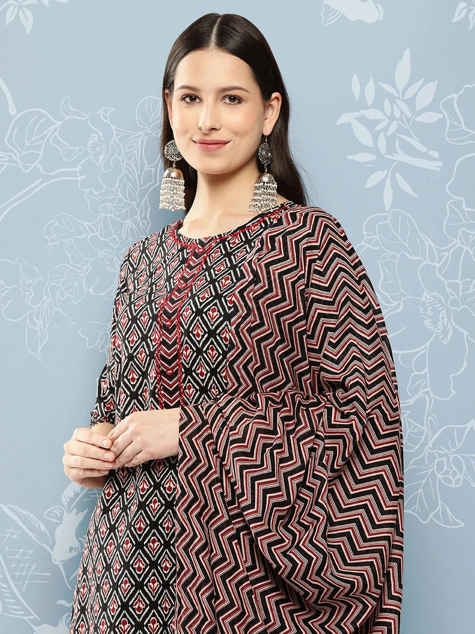 Black Printed Pure Cotton Kurta with Trousers & Dupatta-Yufta Store-1399SKDBKS