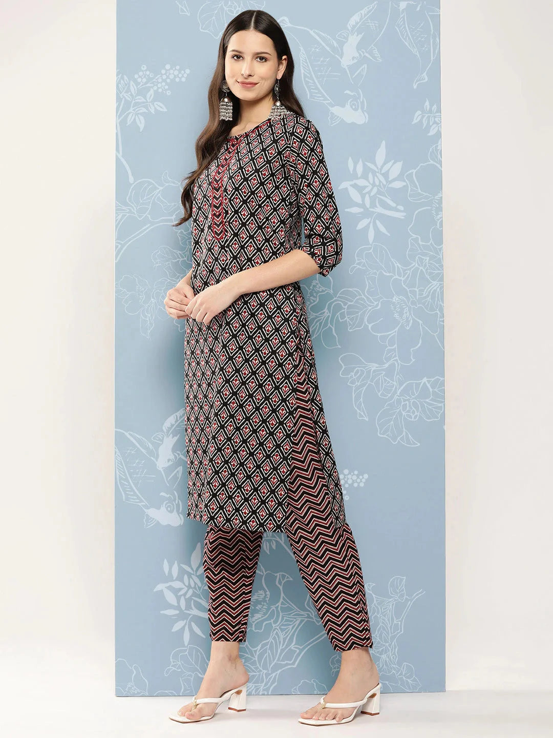 Black Printed Pure Cotton Kurta with Trousers & Dupatta-Yufta Store-1399SKDBKS