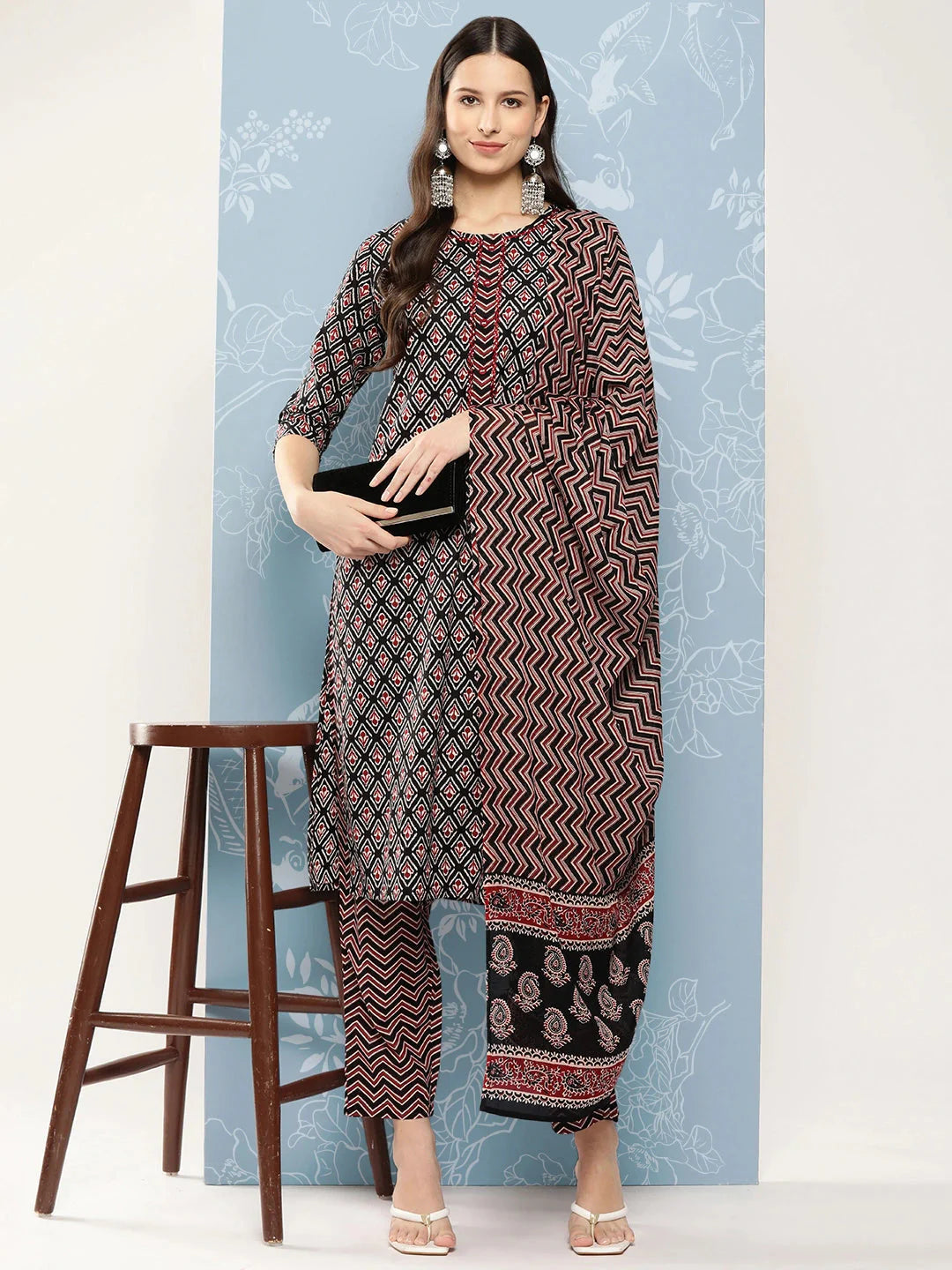 Black Printed Pure Cotton Kurta with Trousers & Dupatta-Yufta Store-1399SKDBKS