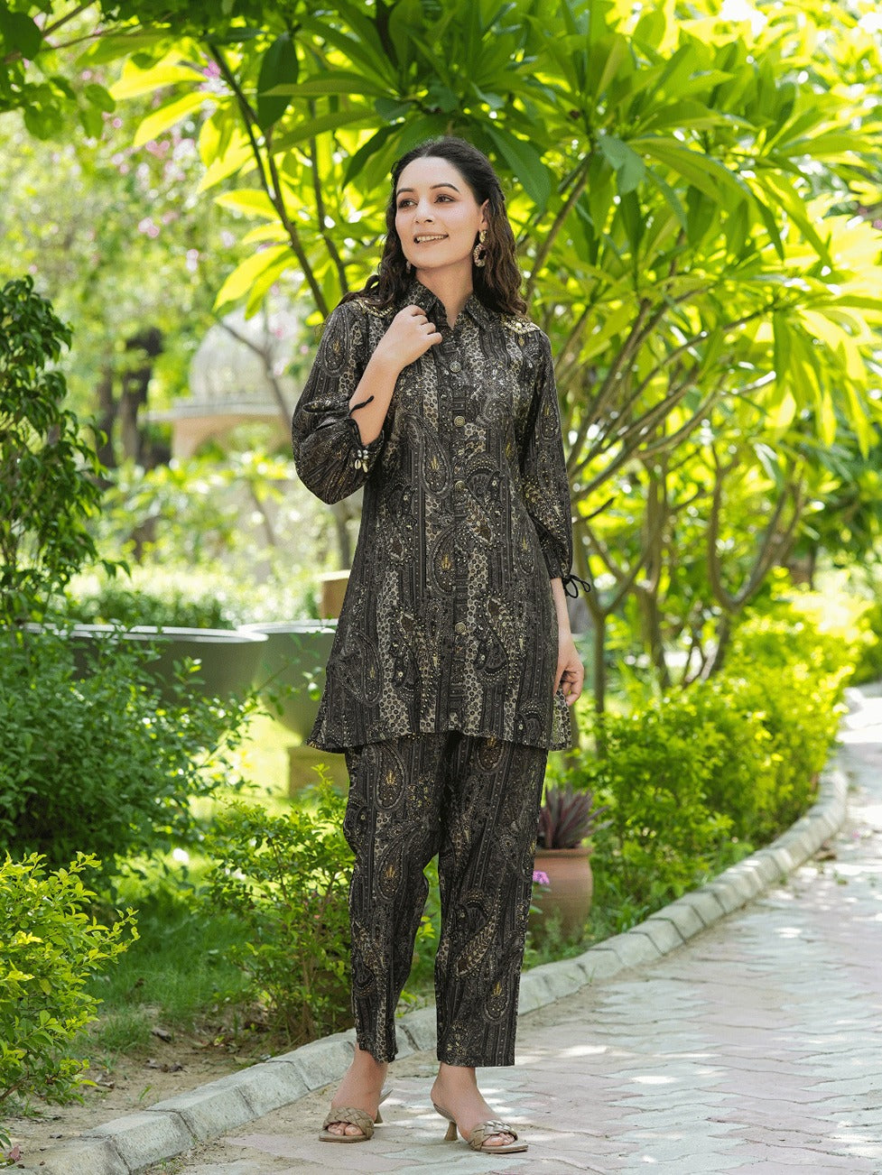 Black Printed Shirt With Straight Trouser Co-Ords-Yufta Store-1477CRDBKS