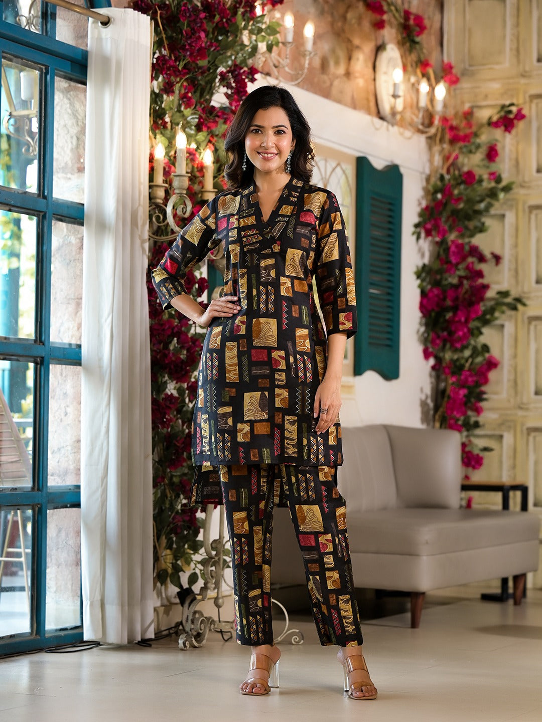 Black Silk blend Abstract Print Co-ord set-Yufta Store-1381CRDBKS