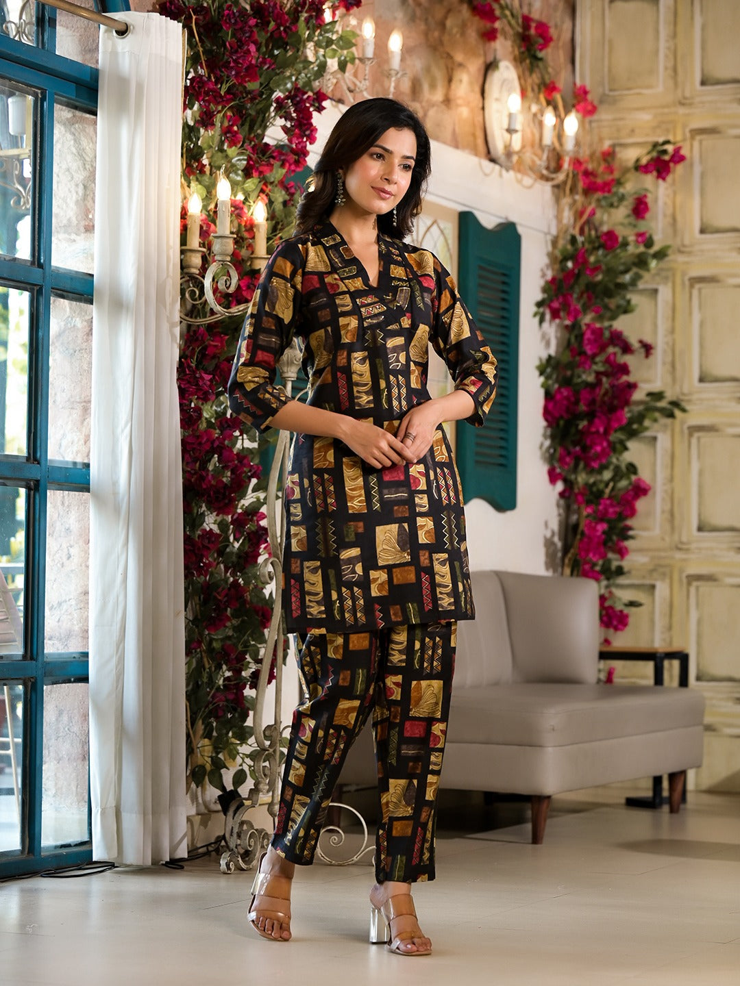 Black Silk blend Abstract Print Co-ord set-Yufta Store-1381CRDBKS