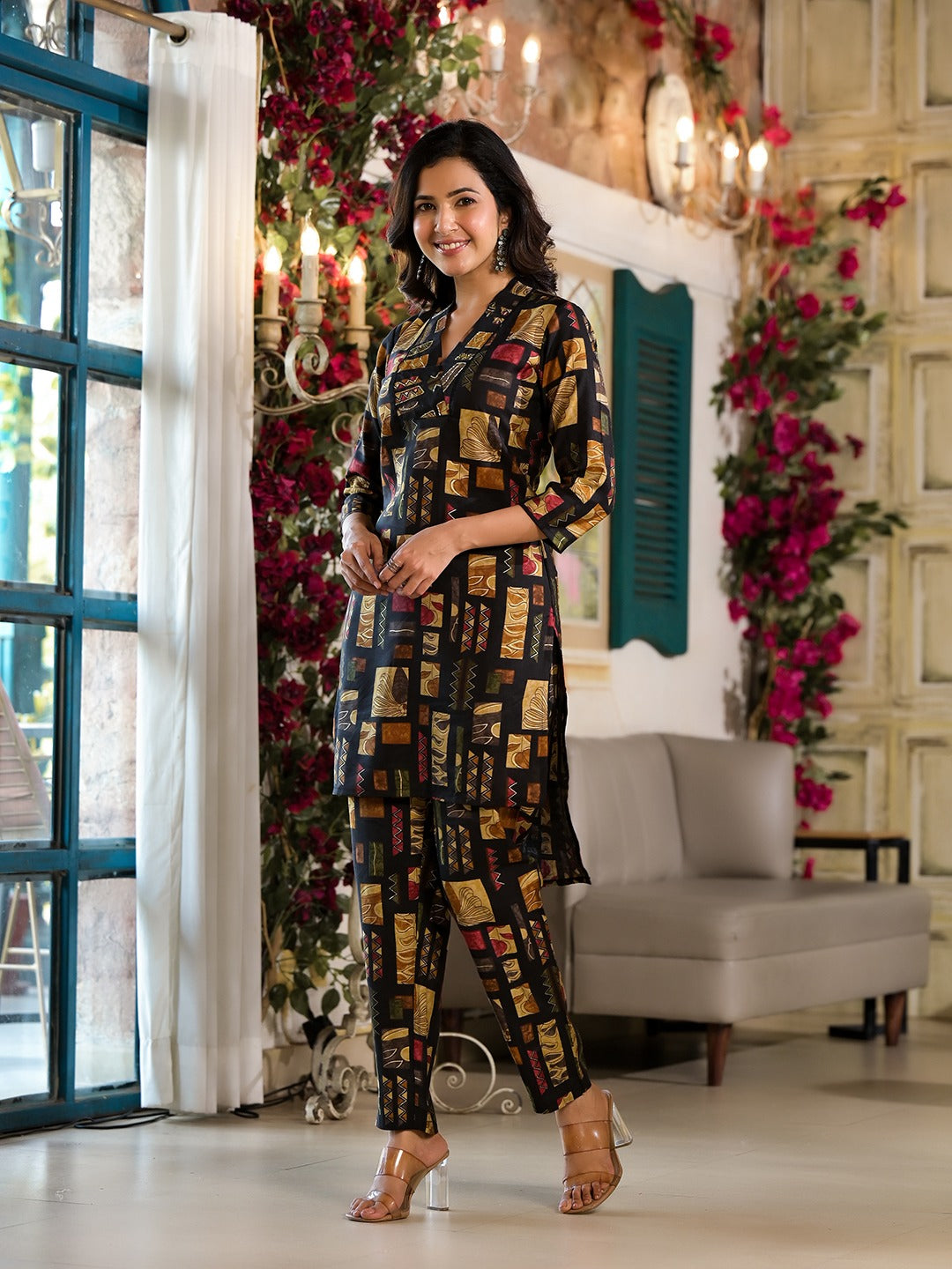 Black Silk blend Abstract Print Co-ord set-Yufta Store-1381CRDBKS