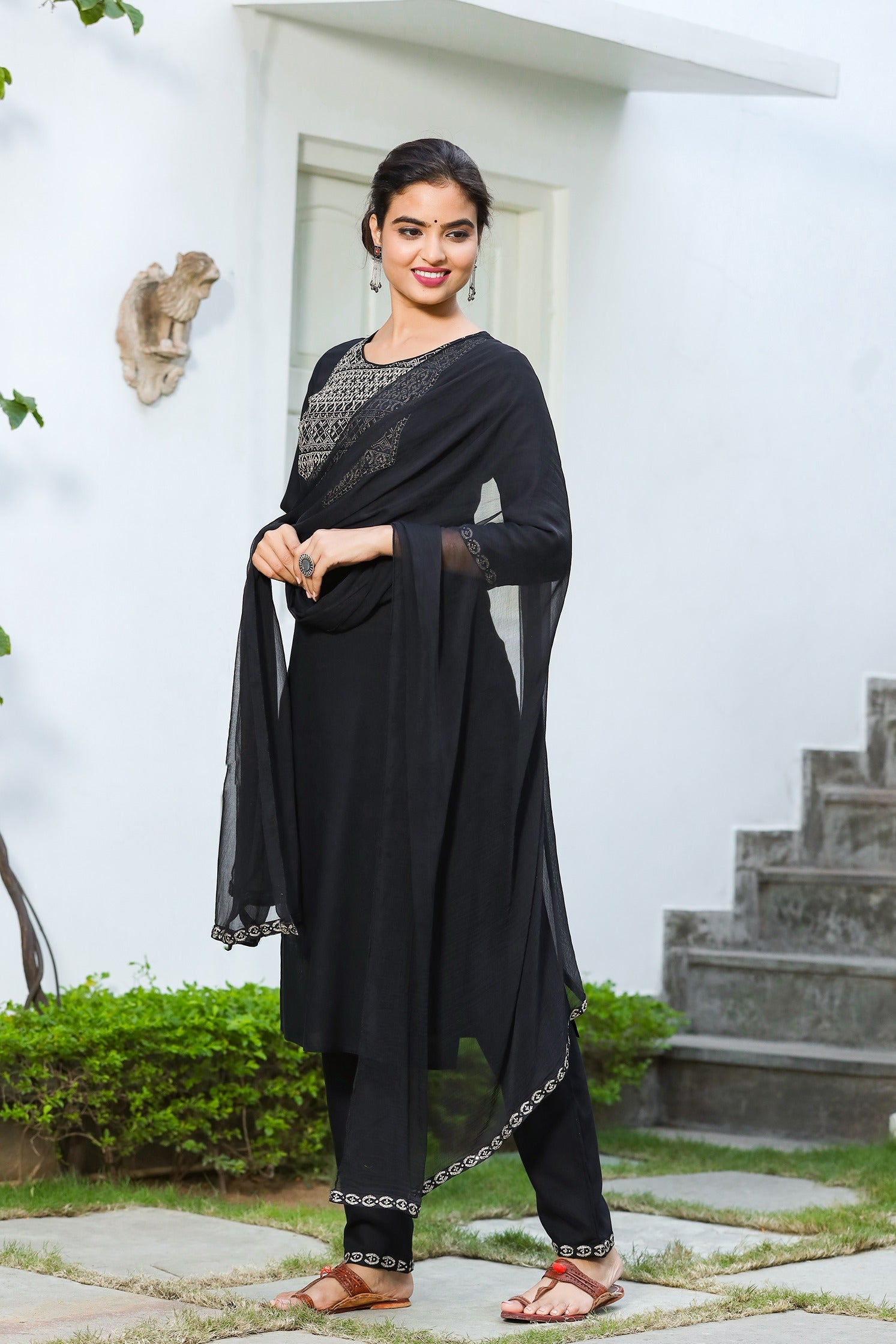 Black Solid Dupatta Set-Yufta Store-2202SKDBKS