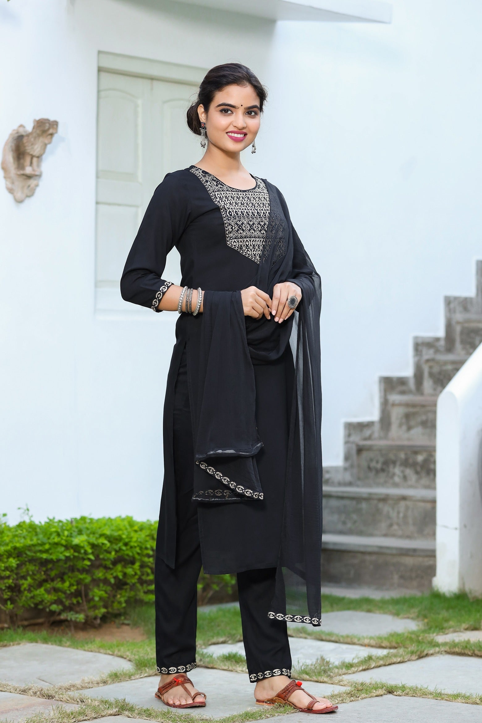 Black Solid Dupatta Set-Yufta Store-2202SKDBKS