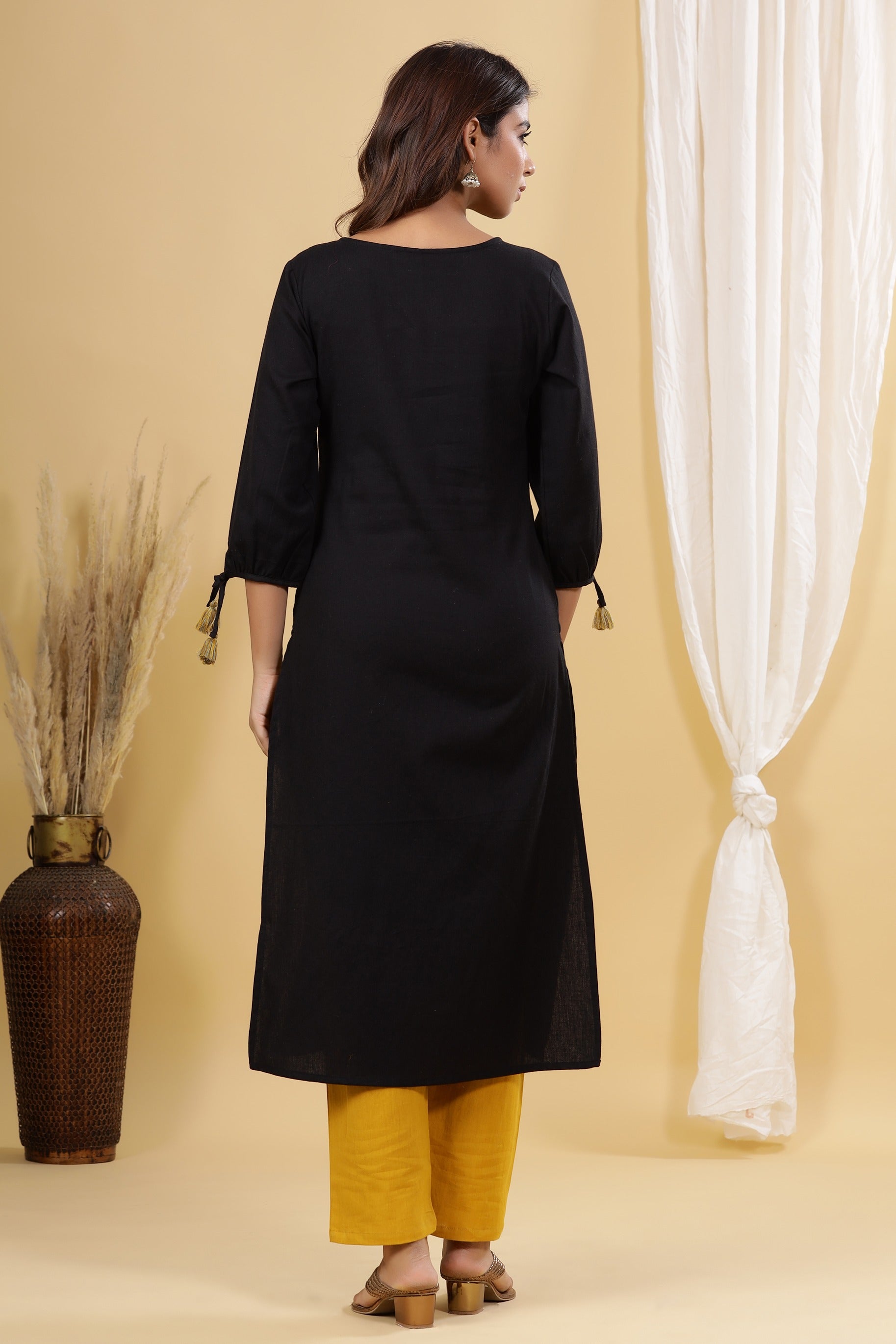 Black Solid Embroidered Kurta Set