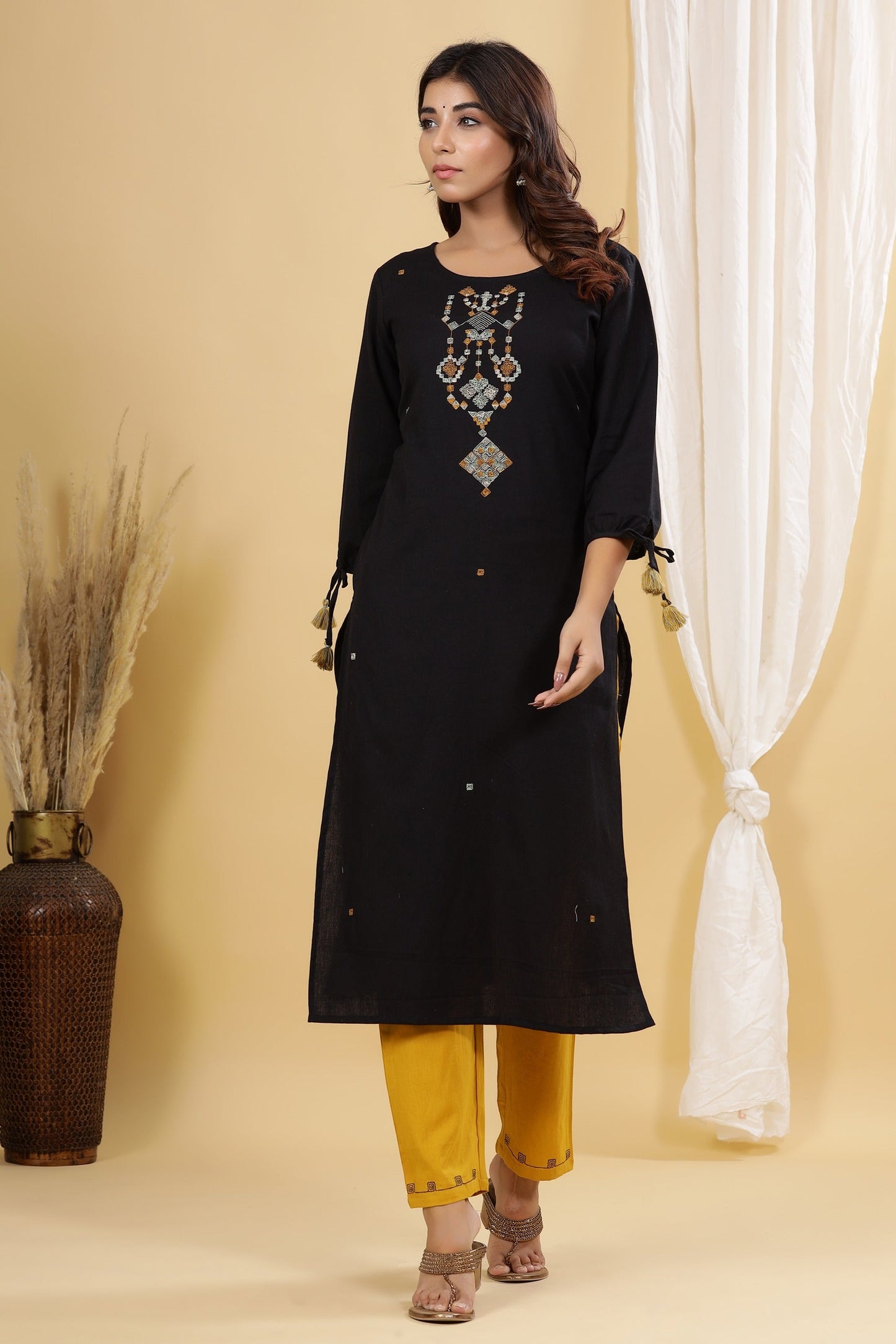 Black Solid Embroidered Kurta Set