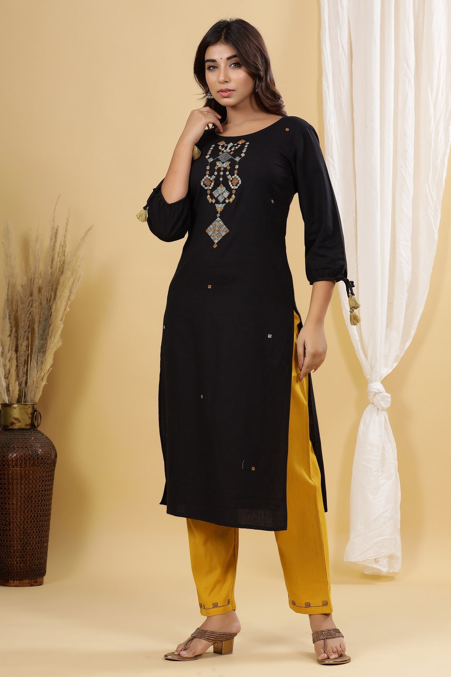 Black Solid Embroidered Kurta Set