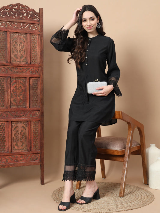 Black Solid Silk Co-Ord Set With Lace Work-Yufta Store-1743CRDBKS