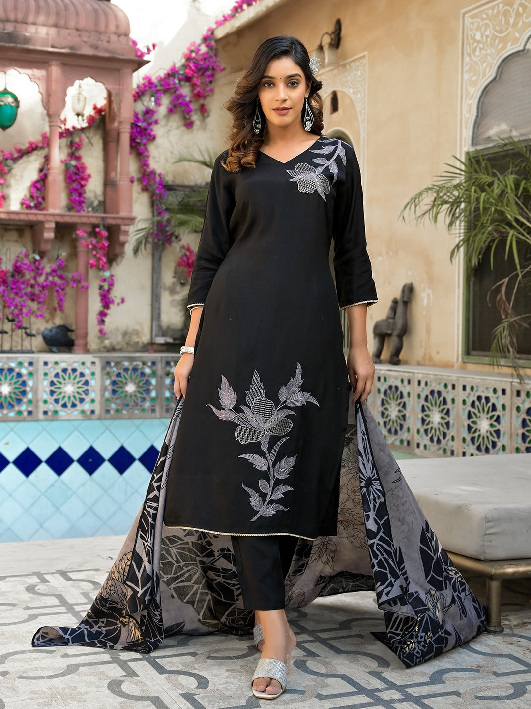 Black Thread_Work Straight Kurta Trouser with Dupatta Set-Yufta Store-1837SKDBKM