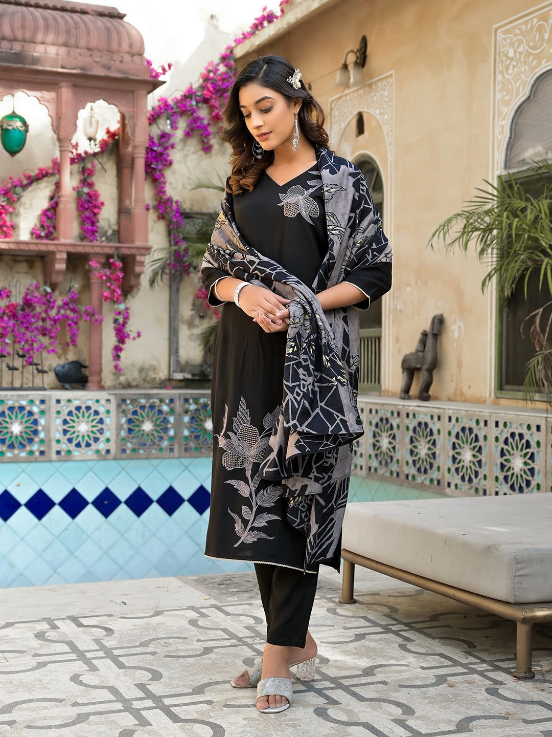 Black Thread_Work Straight Kurta Trouser with Dupatta Set-Yufta Store-1837SKDBKM