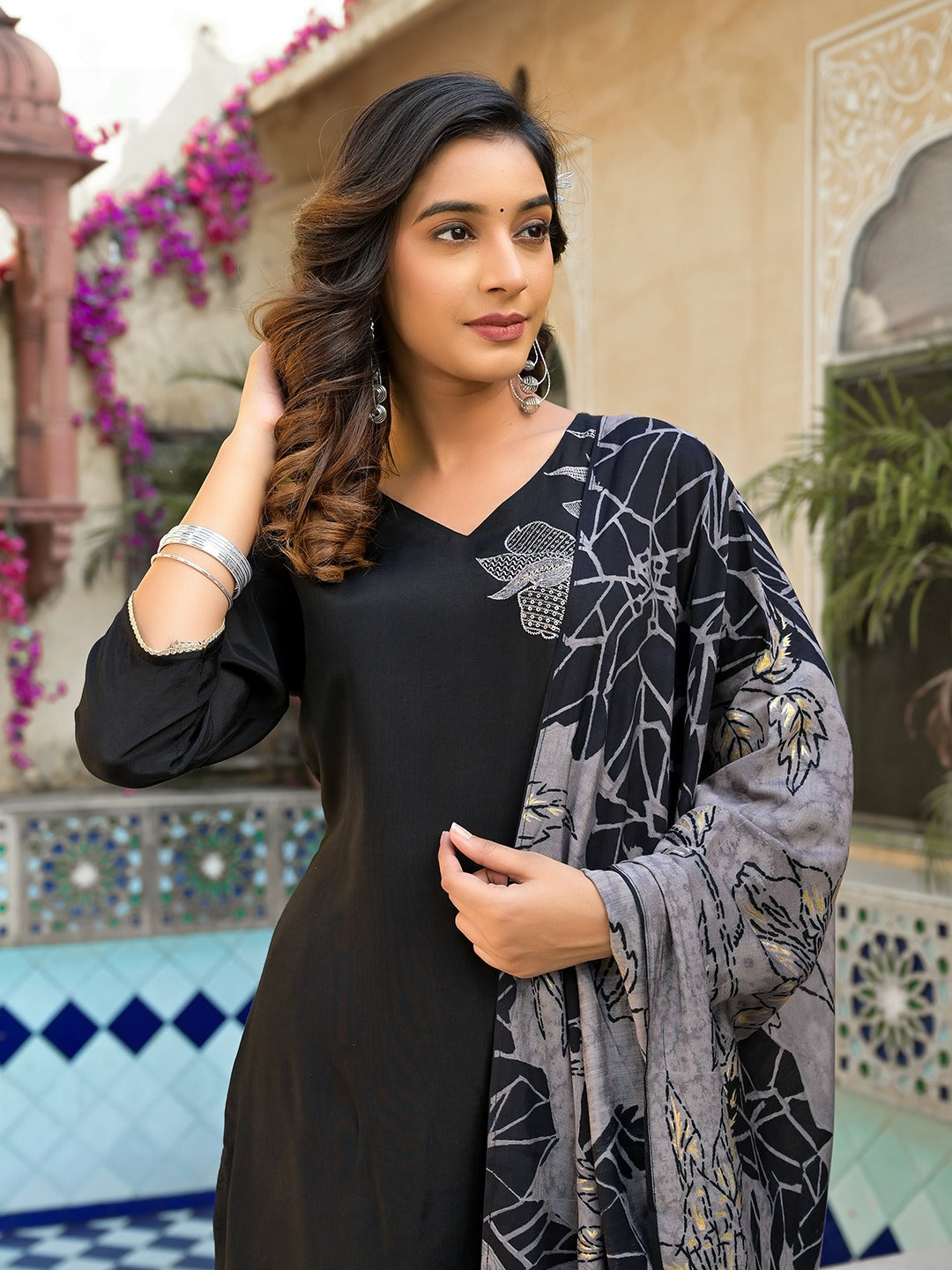 Black Thread_Work Straight Kurta Trouser with Dupatta Set-Yufta Store-1837SKDBKM