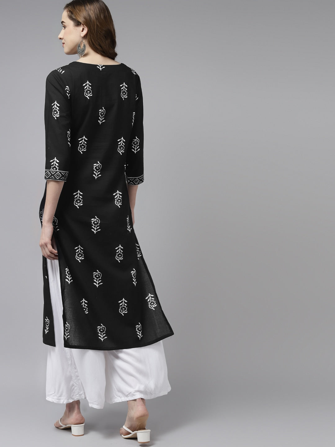 Black & White Printed Kurta-Yufta Store-9398KURBKS