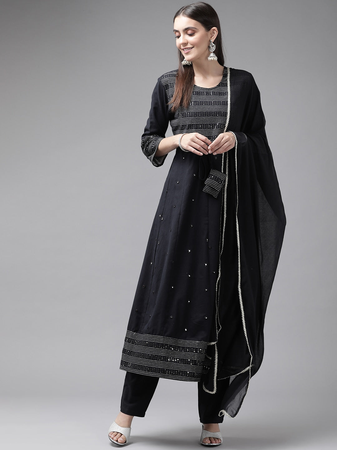 Black Yoke Design Sequinned Dupatta Set-Yufta Store-2172SKDBKM