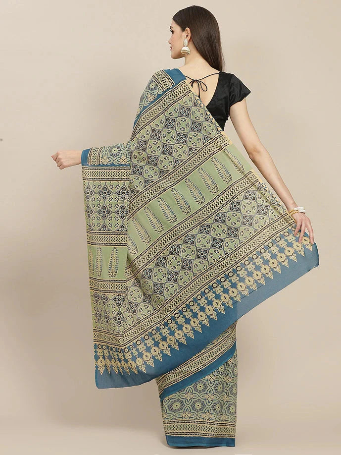 Blue Ajrak Block Printed Saree-Yufta Store-6050SARBL