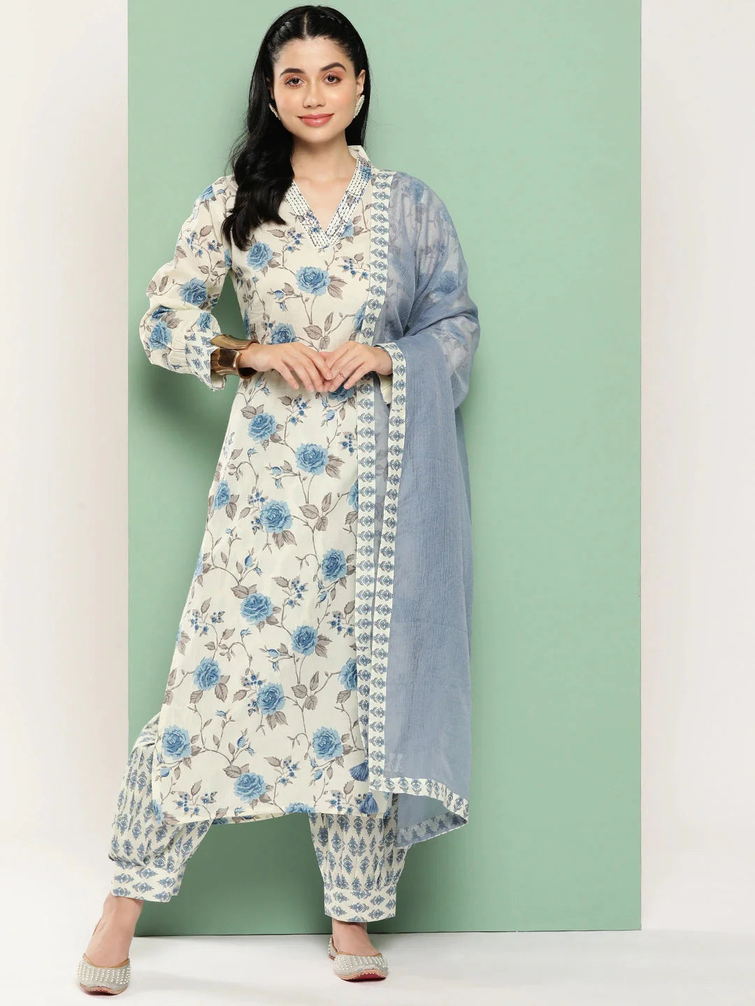 Blue And Cream Floral Printed Regular Pure Cotton Kurta with Harem pants & Dupatta Set-Yufta Store-1438SKDBLS