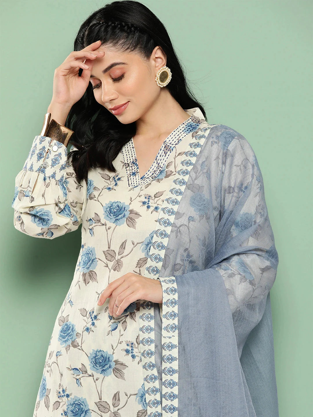 Blue And Cream Floral Printed Regular Pure Cotton Kurta with Harem pants & Dupatta Set-Yufta Store-1438SKDBLS