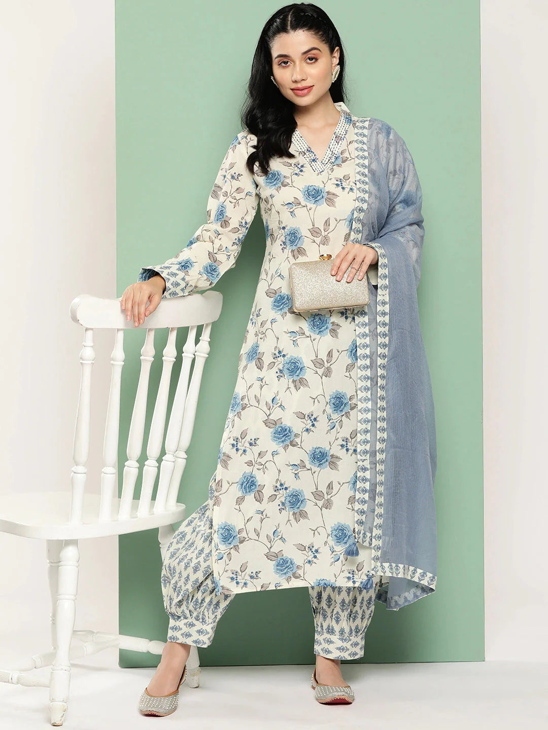 Blue And Cream Floral Printed Regular Pure Cotton Kurta with Harem pants & Dupatta Set-Yufta Store-1438SKDBLS