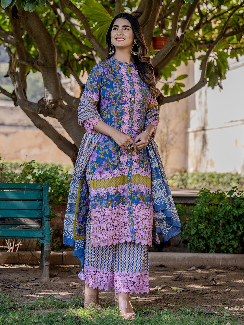 Blue And Fuchsia Floral Print Pakistani Style Kurta Trouser And Dupatta Set-Yufta Store-2000SKDBLS