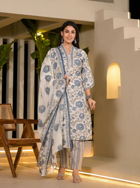 Blue And Off White Floral Print Cotton Straight Style Kurta And Trousers With Dupatta-Yufta Store-1007SKDBLS