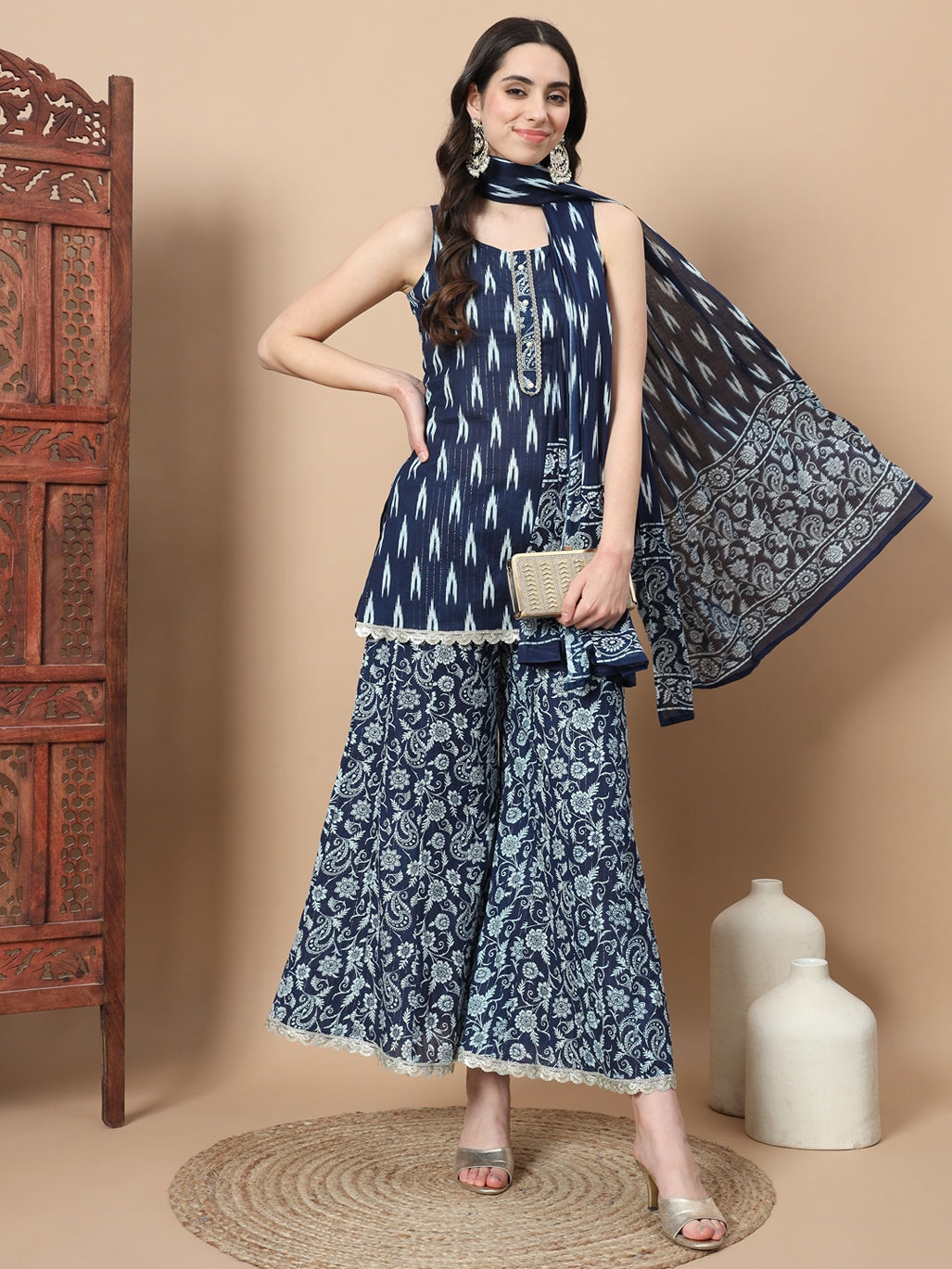 Blue Cotton Sleeveless Ikat Print Kurta Dupatta Set-Yufta Store-1879SKDBLS