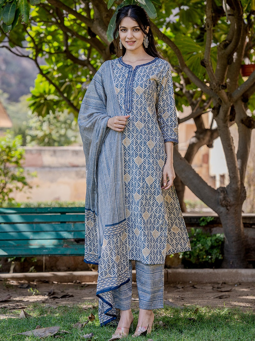 Blue Cotton Three Quarter Regular Sleeves Straight Kurta Dupatta Set-Yufta Store-1830SKDBLS