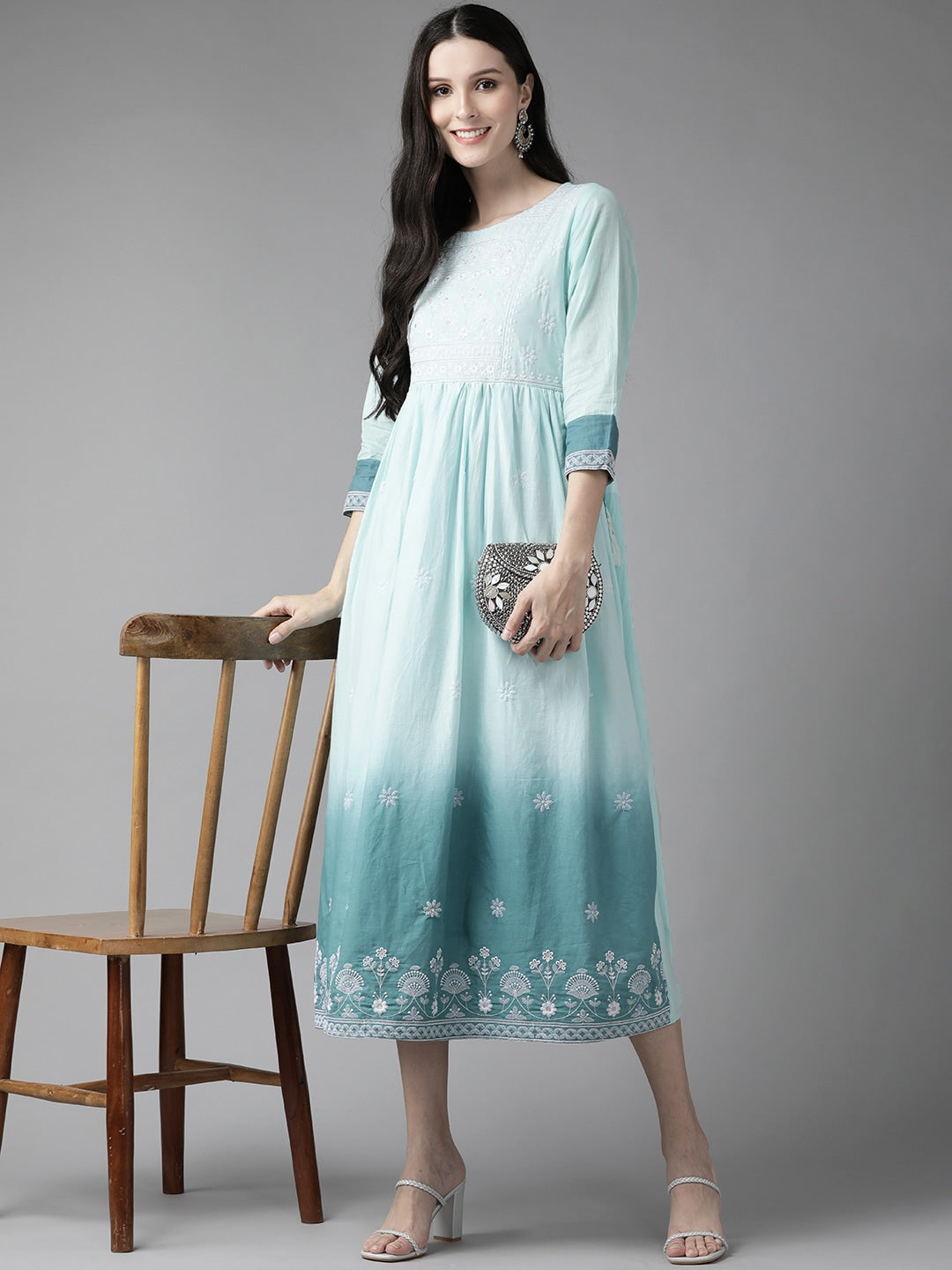 Blue Embroidered Midi Dress-Yufta Store-2752DRSSBM