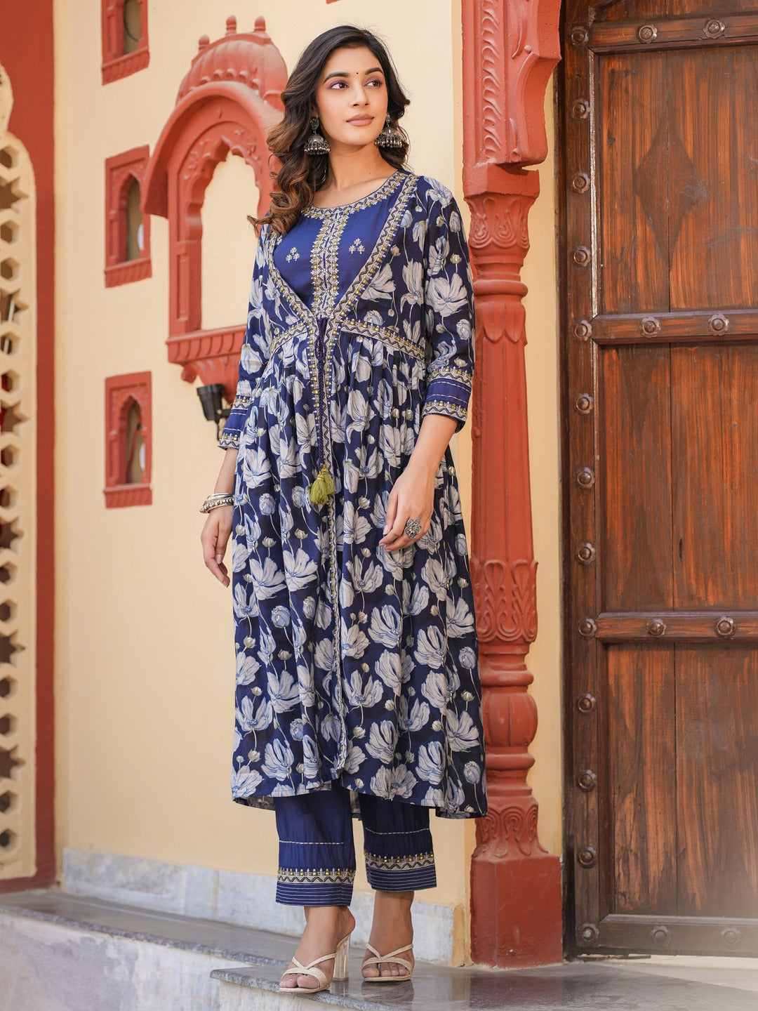 Blue Embroidered shrug Crop top co ord set-Yufta Store-1685CRDBLS