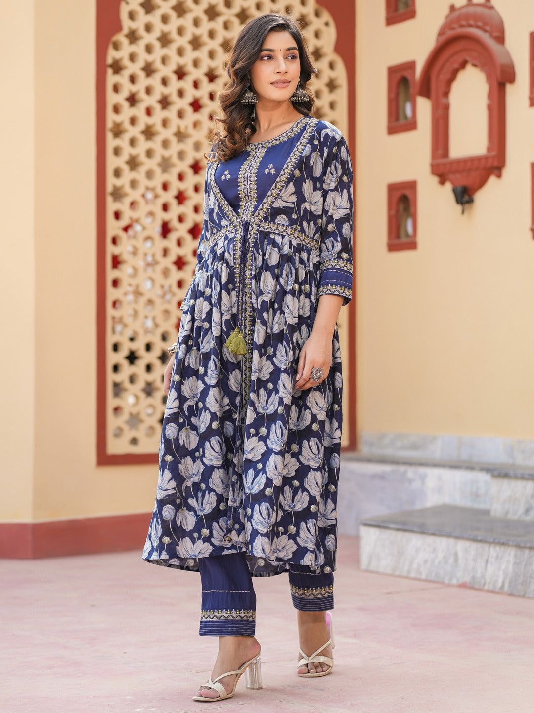 Blue Embroidered shrug Crop top co ord set-Yufta Store-1685CRDBLS