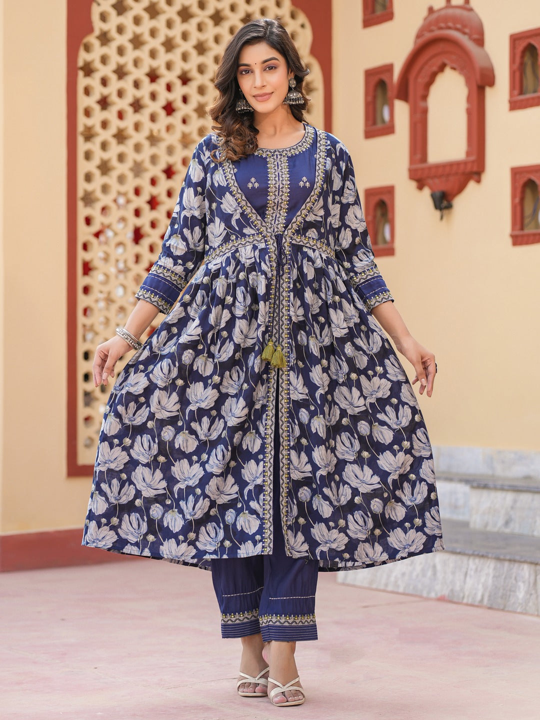 Blue Embroidered shrug Crop top co ord set-Yufta Store-1685CRDBLS