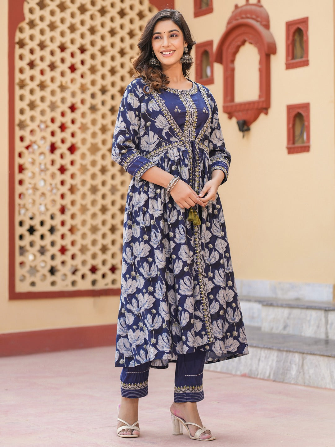 Blue Embroidered shrug Crop top co ord set-Yufta Store-1685CRDBLS