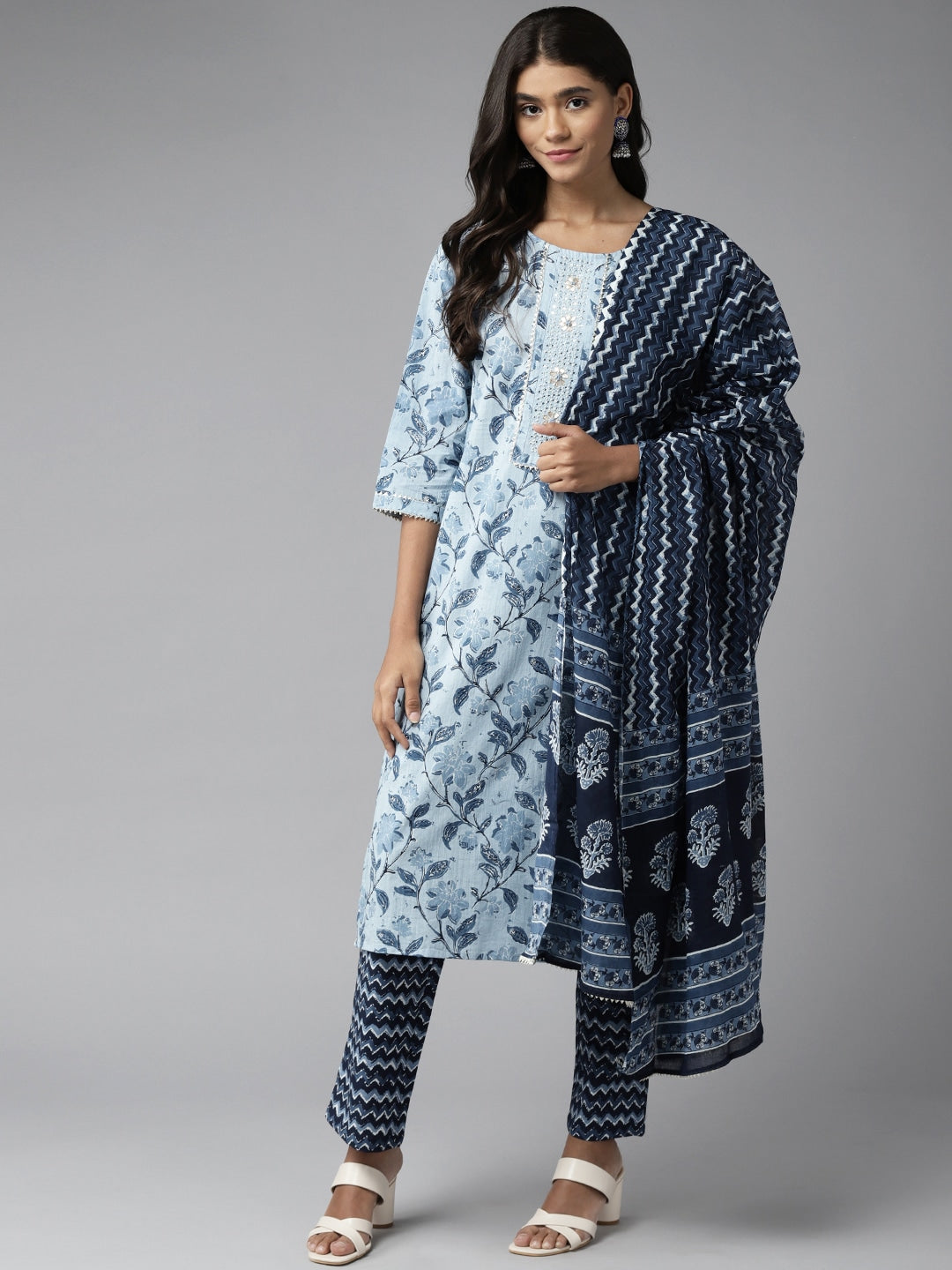 Blue Ethnic Motif Printed Dupatta Set