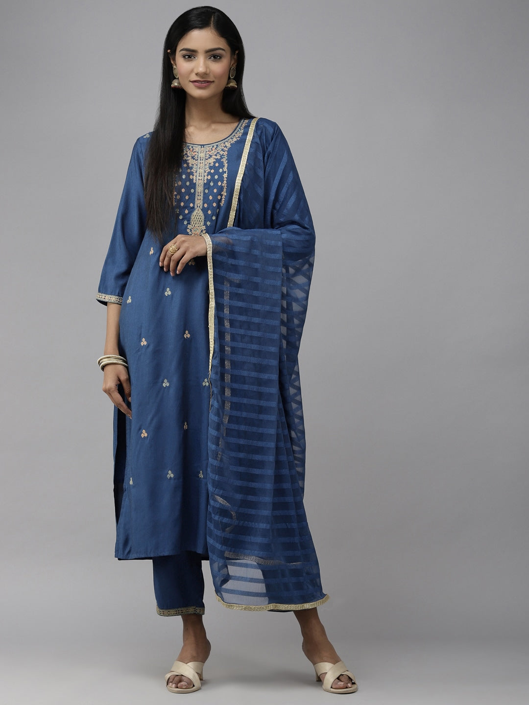 Blue Ethnic Motifs Embroidered Dupatta Set-Yufta Store-2340SKDTBM