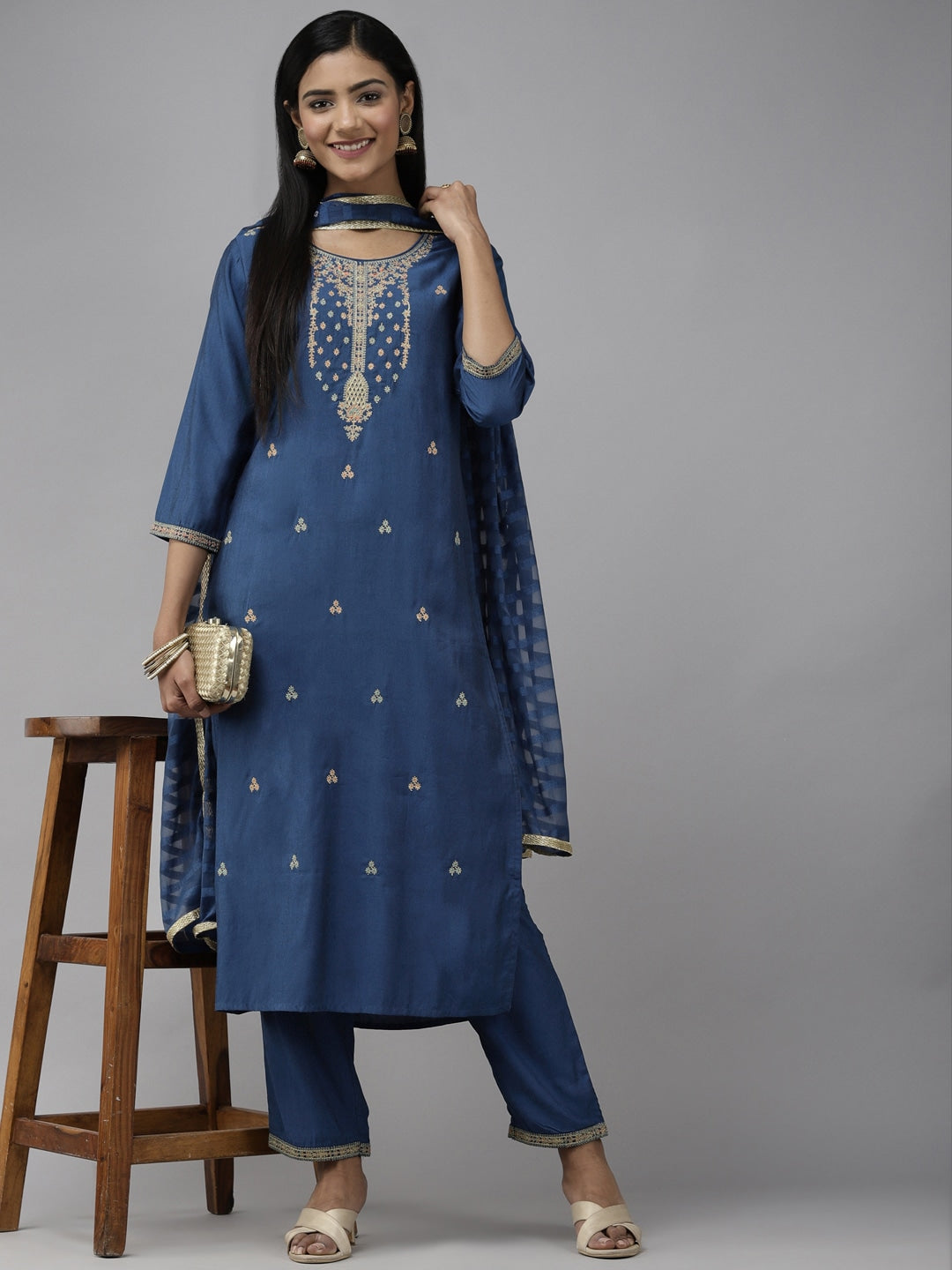 Blue Ethnic Motifs Embroidered Dupatta Set-Yufta Store-2340SKDTBM