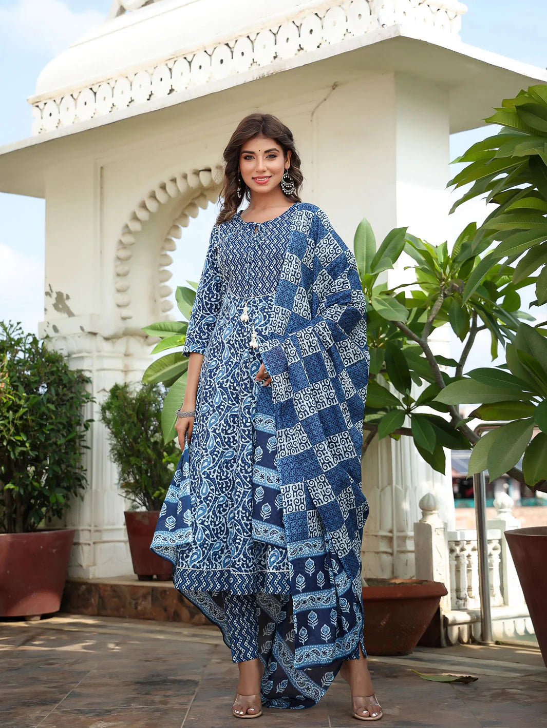 Blue Ethnic Motifs Printed Regular Sequined Pure Cotton Kurta with Trousers & With Dupatta-Yufta Store-1580SKDBLS