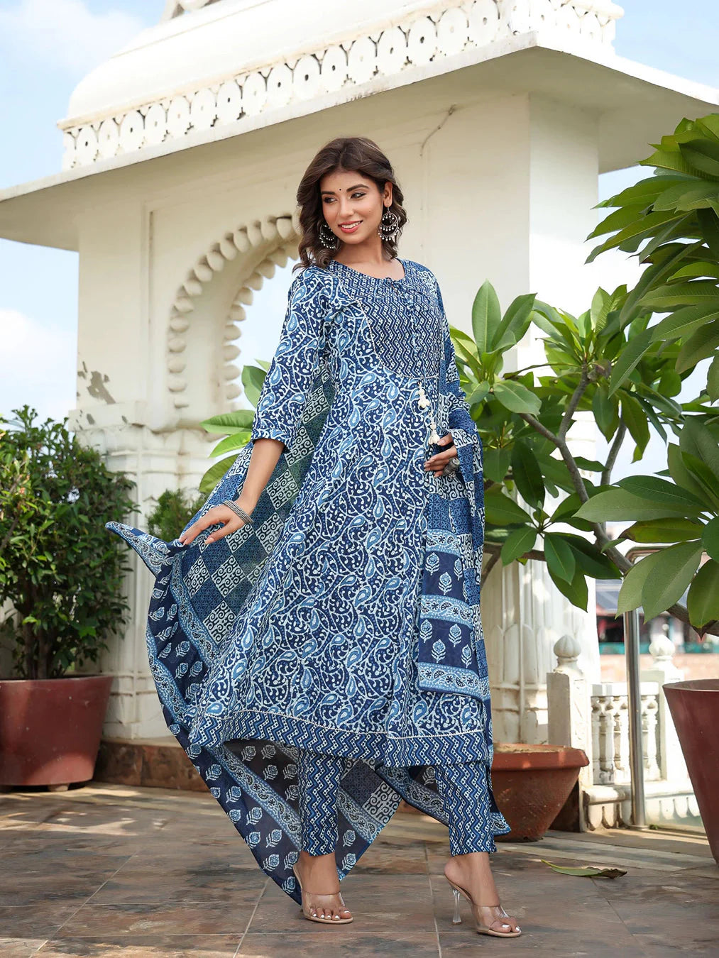 Blue Ethnic Motifs Printed Regular Sequined Pure Cotton Kurta with Trousers & With Dupatta-Yufta Store-1580SKDBLS