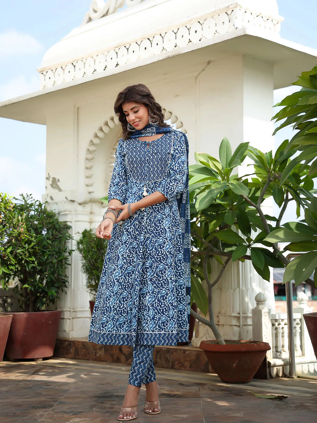 Blue Ethnic Motifs Printed Regular Sequined Pure Cotton Kurta with Trousers & With Dupatta-Yufta Store-1580SKDBLS