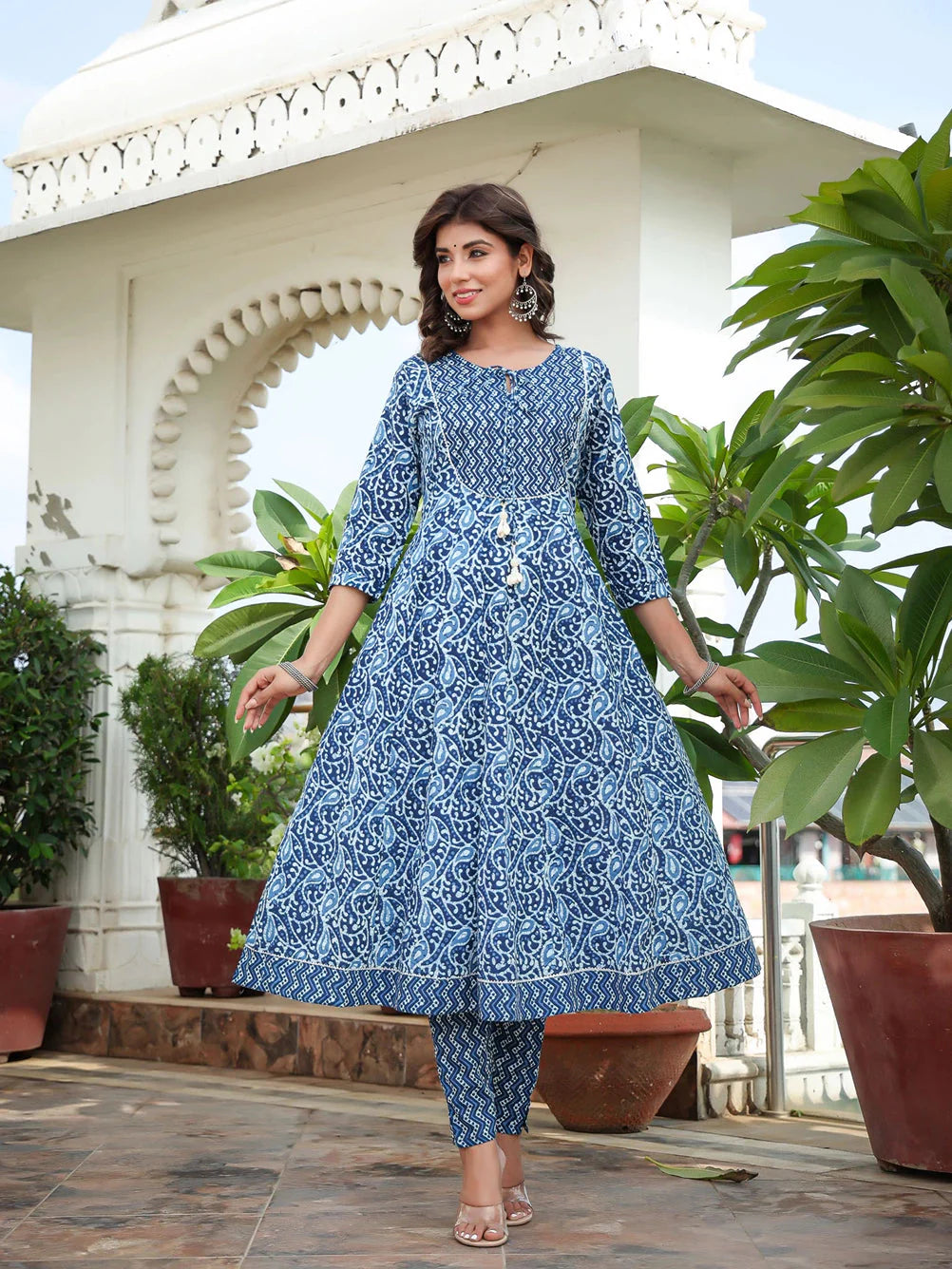 Blue Ethnic Motifs Printed Regular Sequined Pure Cotton Kurta with Trousers & With Dupatta-Yufta Store-1580SKDBLS