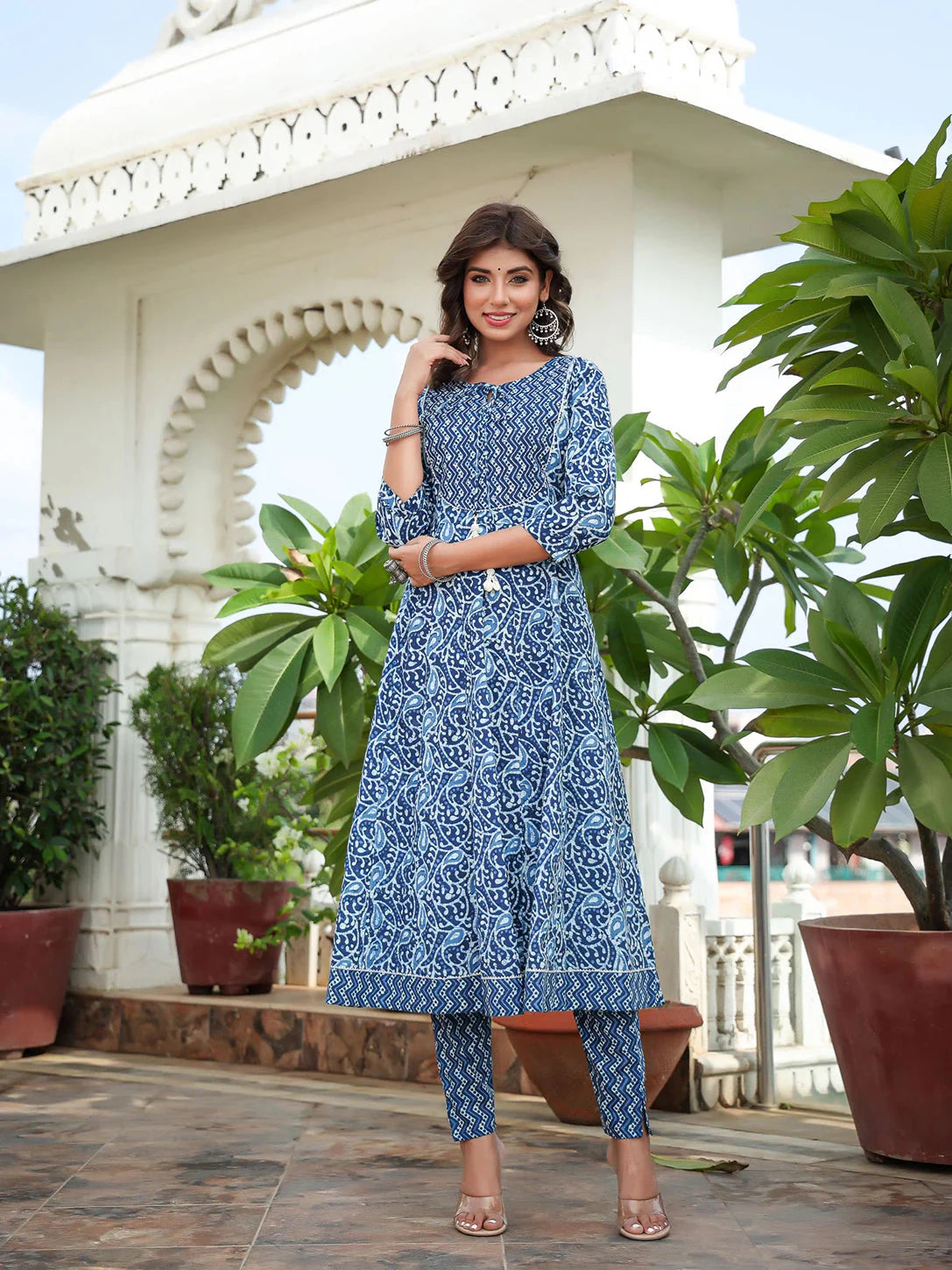 Blue Ethnic Motifs Printed Regular Sequined Pure Cotton Kurta with Trousers & With Dupatta-Yufta Store-1580SKDBLS